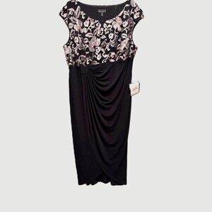 Connected Apparel Black Faux-Wrap Evening Dress Women's 20W Gold Embroidery NWT
